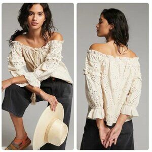 Anthropologie Seen Worn Kept Jane Eyelet Lace Off-the-Shoulder Boho Blouse